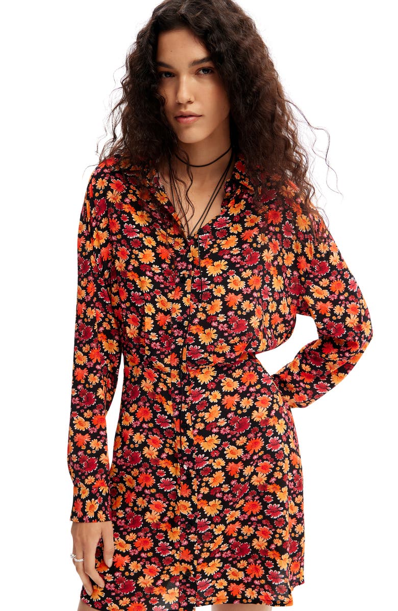 Desigual Yesh Floral Long Sleeve Mini Shirtdress, Alternate, color, Red