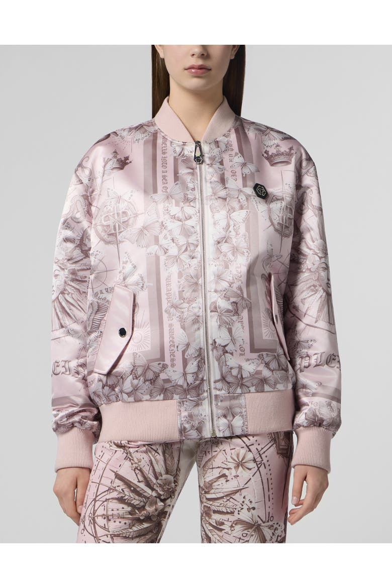 Oversized Satin Bomber Butterfly Tattoo Women, Main, color, rose/pink