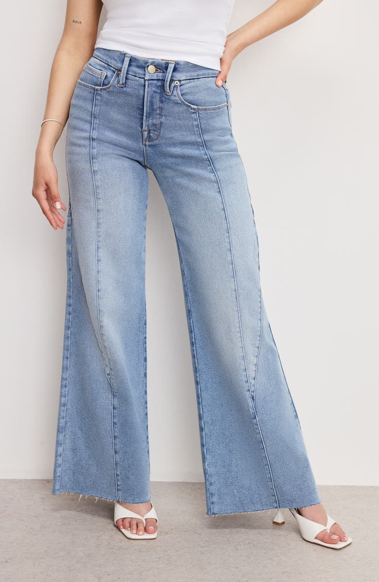 Good American Good Petite Raw Hem Seamed Palazzo Jeans, Alternate, color, Indigo957