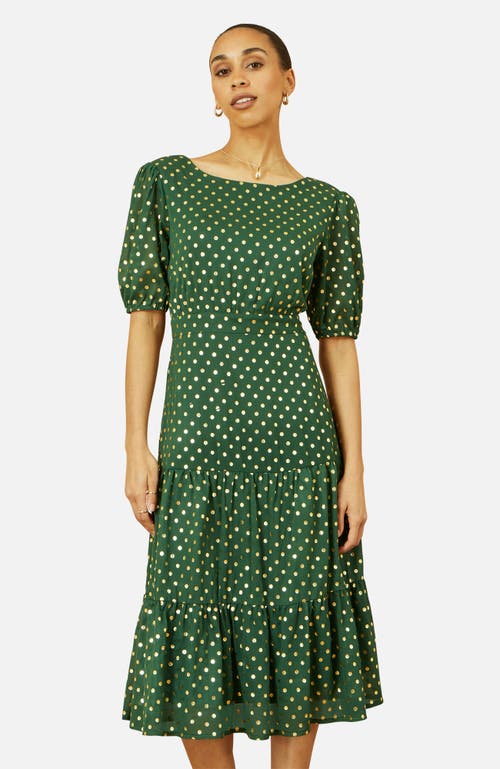 Yumi Foil Spot Midi Dress With Scoop Back In Green