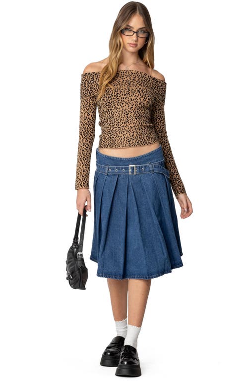 Shop Edikted Belted Pleated Denim Midi Skirt In Blue