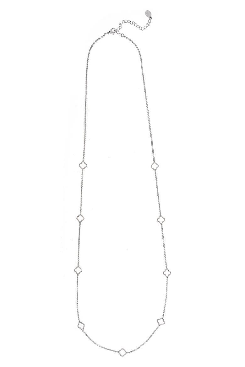 Pavé CZ Clover Station Necklace, Main, color, WHITE RHODIUM