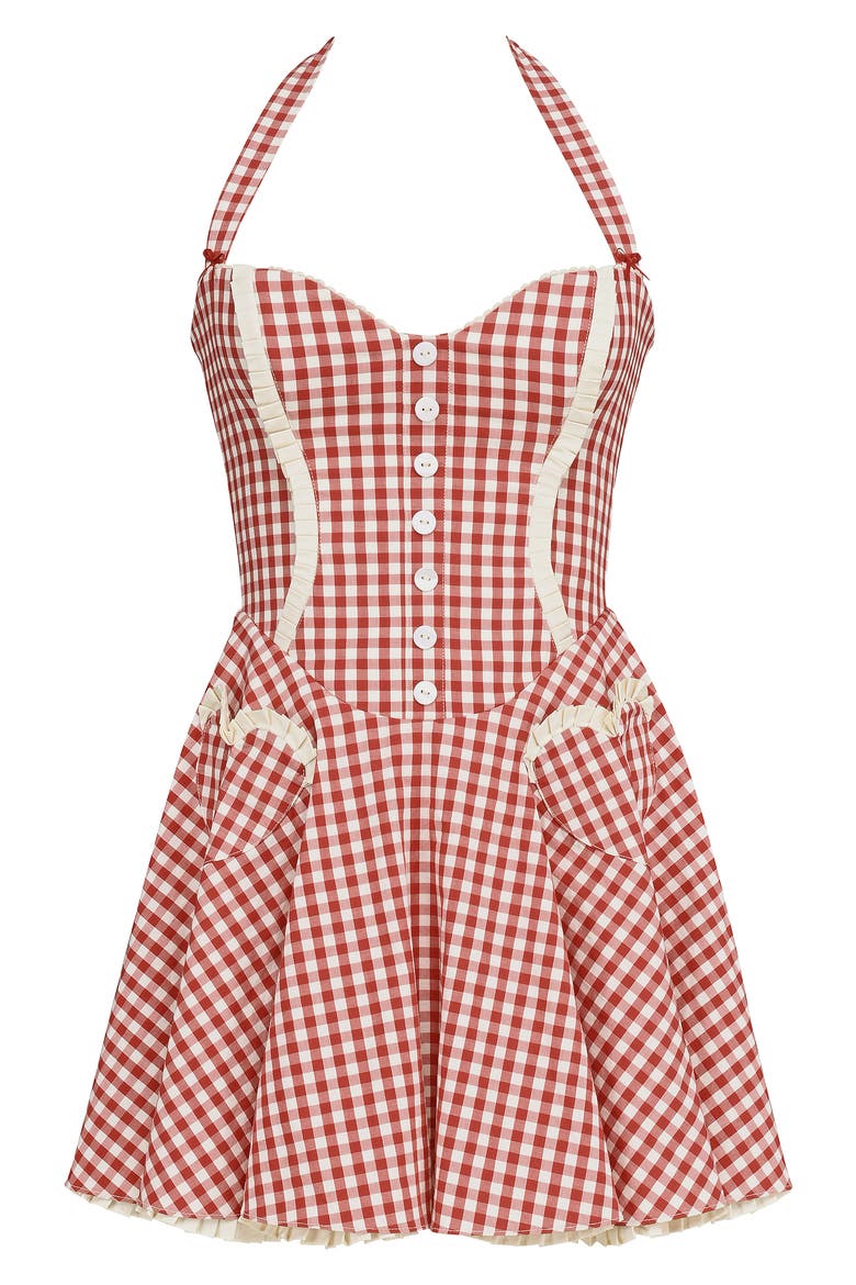 Heidi Fit & Flare Gingham Halter Minidress, Alternate, color, GINGHAM SAVVY RED WHITE SMOKE