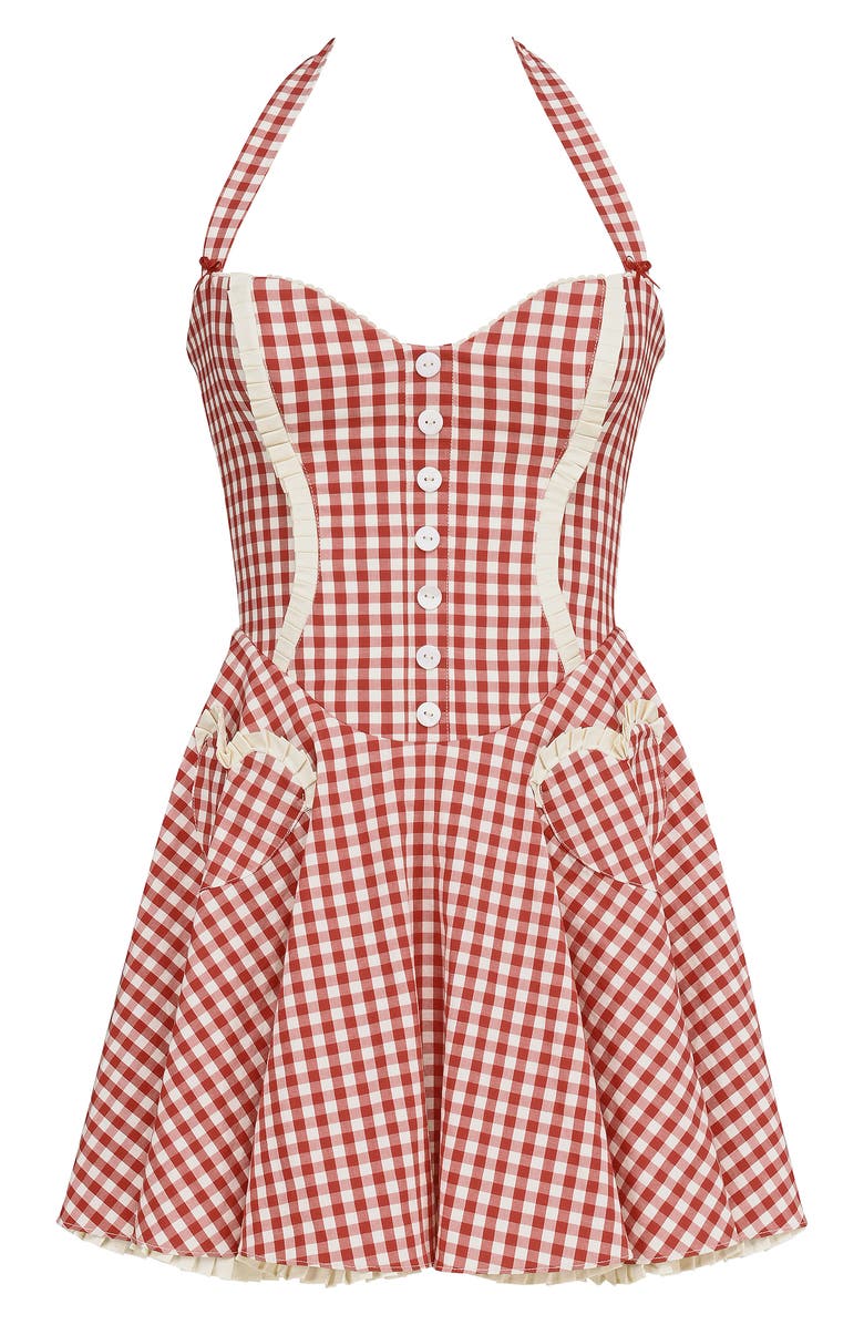HOUSE OF CB Heidi Fit & Flare Gingham Halter Minidress, Alternate, color, Gingham Savvy Red White Smoke
