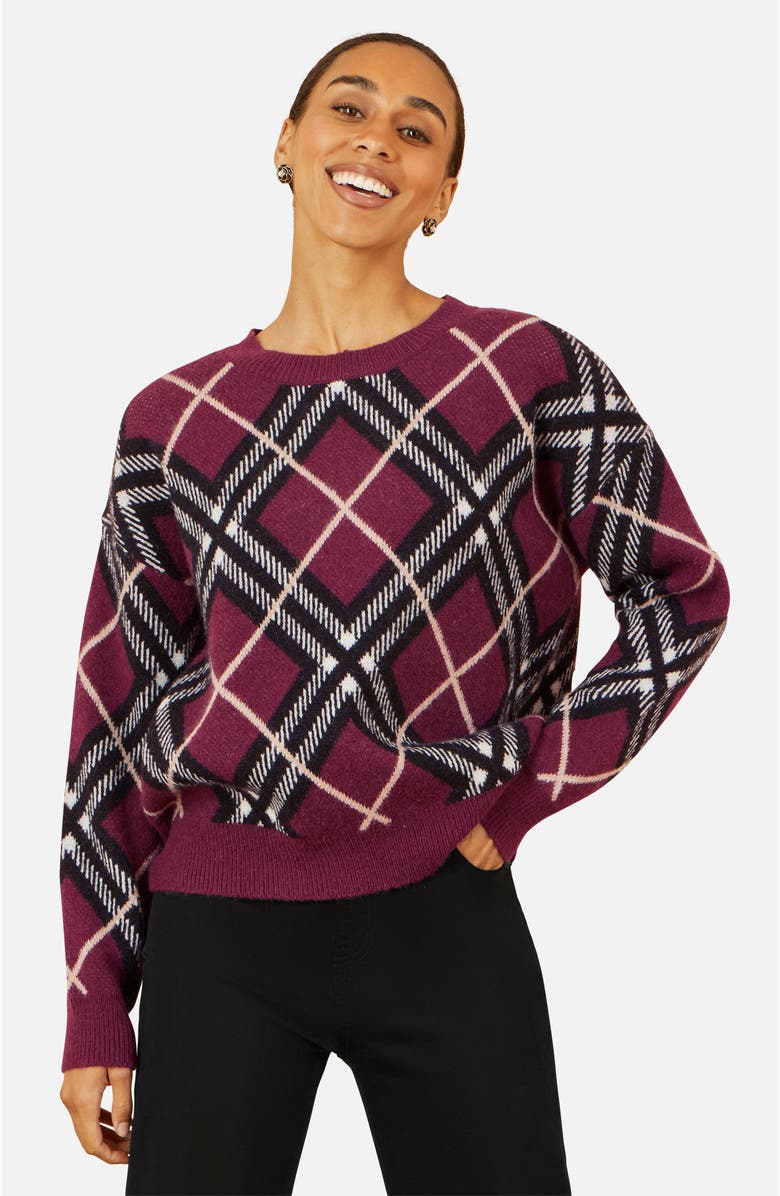 Yumi Argyle Check Relaxed Sweater, Main, color, Burgundy