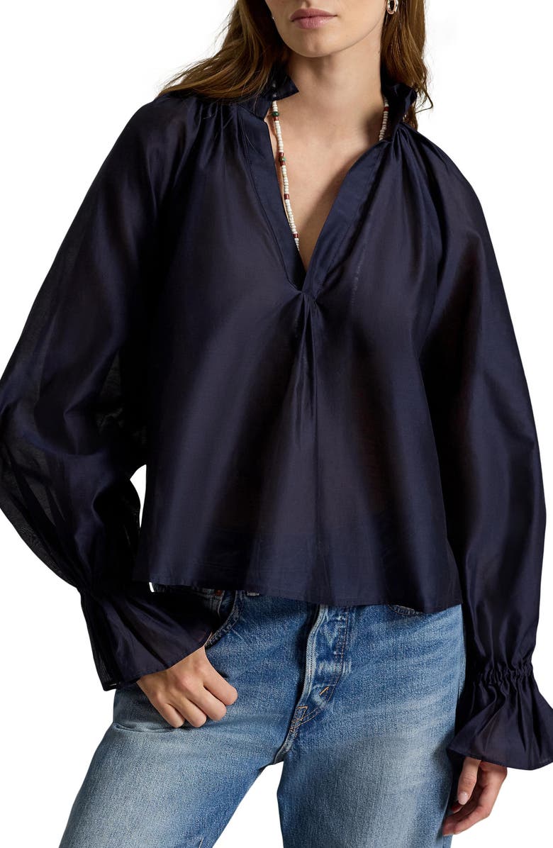 Polo Ralph Lauren Cotton & Silk Organdy Shirt, Main, color, Hunter Navy