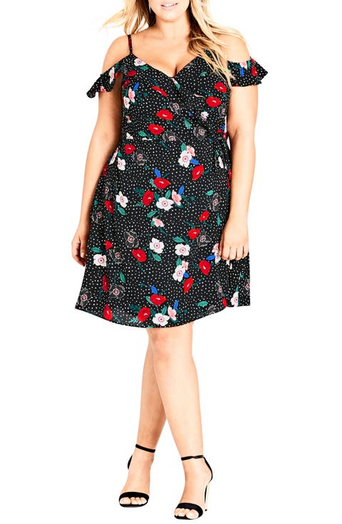 Floral Spot Cold Shoulder Wrap Dress (Plus Size)