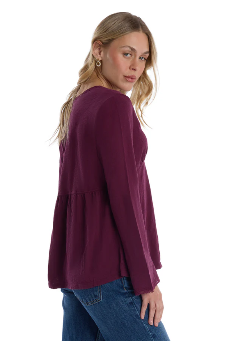 V-Neck Long Sleeve Empire Seam Trapeze Tee with Lace Trims, Alternate, color, Dark Fig