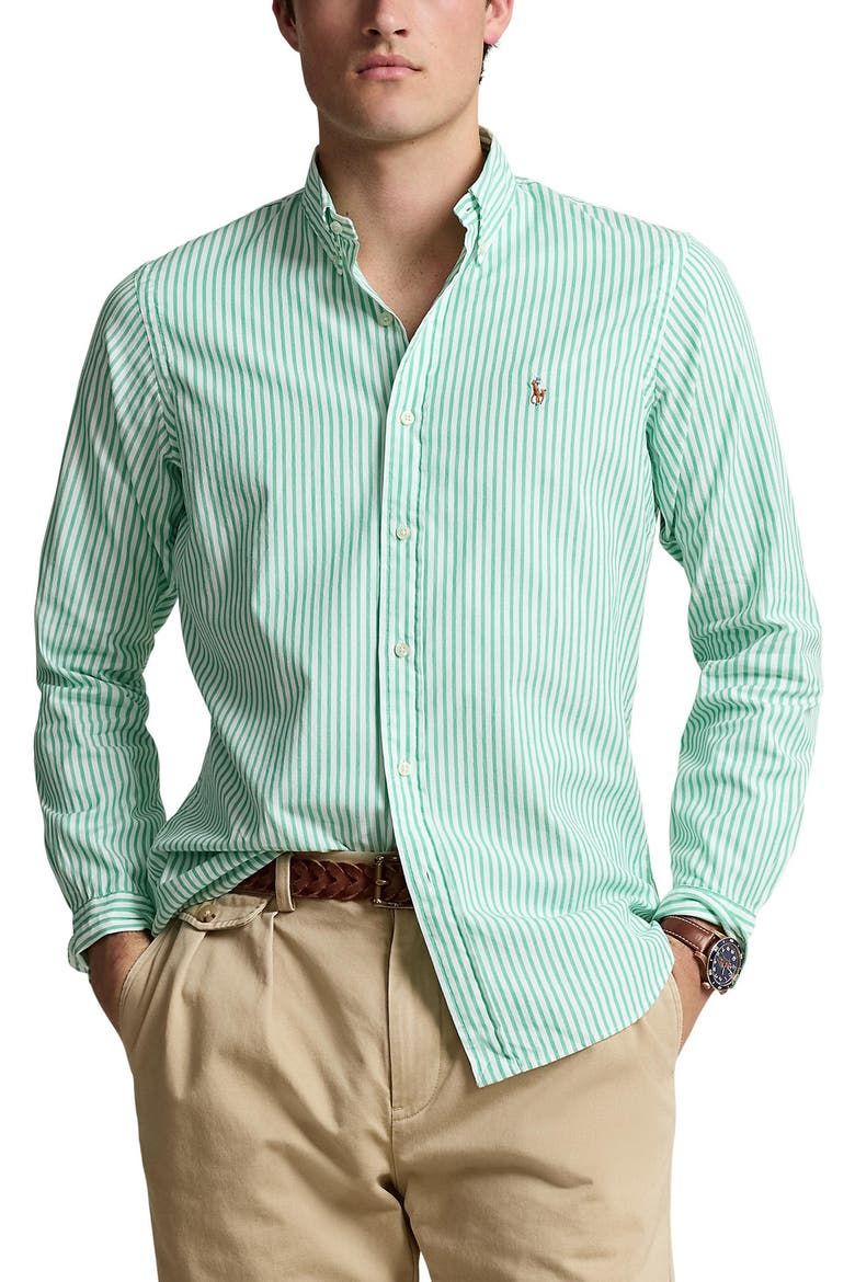 Stripe Stretch Cotton Oxford Button-Down Shirt, Main, color, CABO GREEN/ WHITE