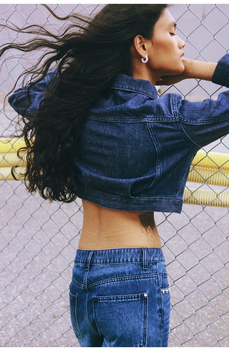 H&M Cropped Denim Jacket, Alternate, color, Dark Denim Blue
