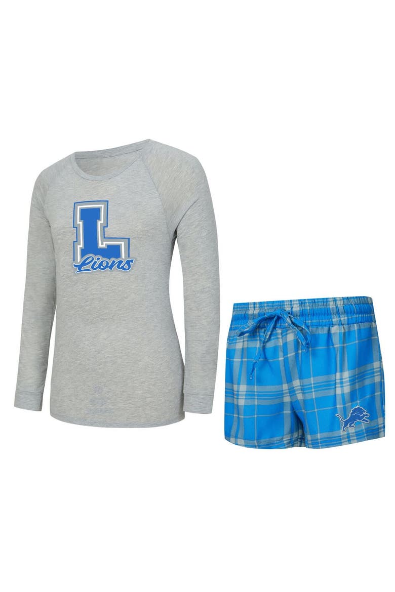 Women's Concepts Sport  Heather Gray/Blue Detroit Lions Regulate Plaid Long-Sleeve T-Shirt & Shorts Sleep Set, Alternate, color, Heather Gray