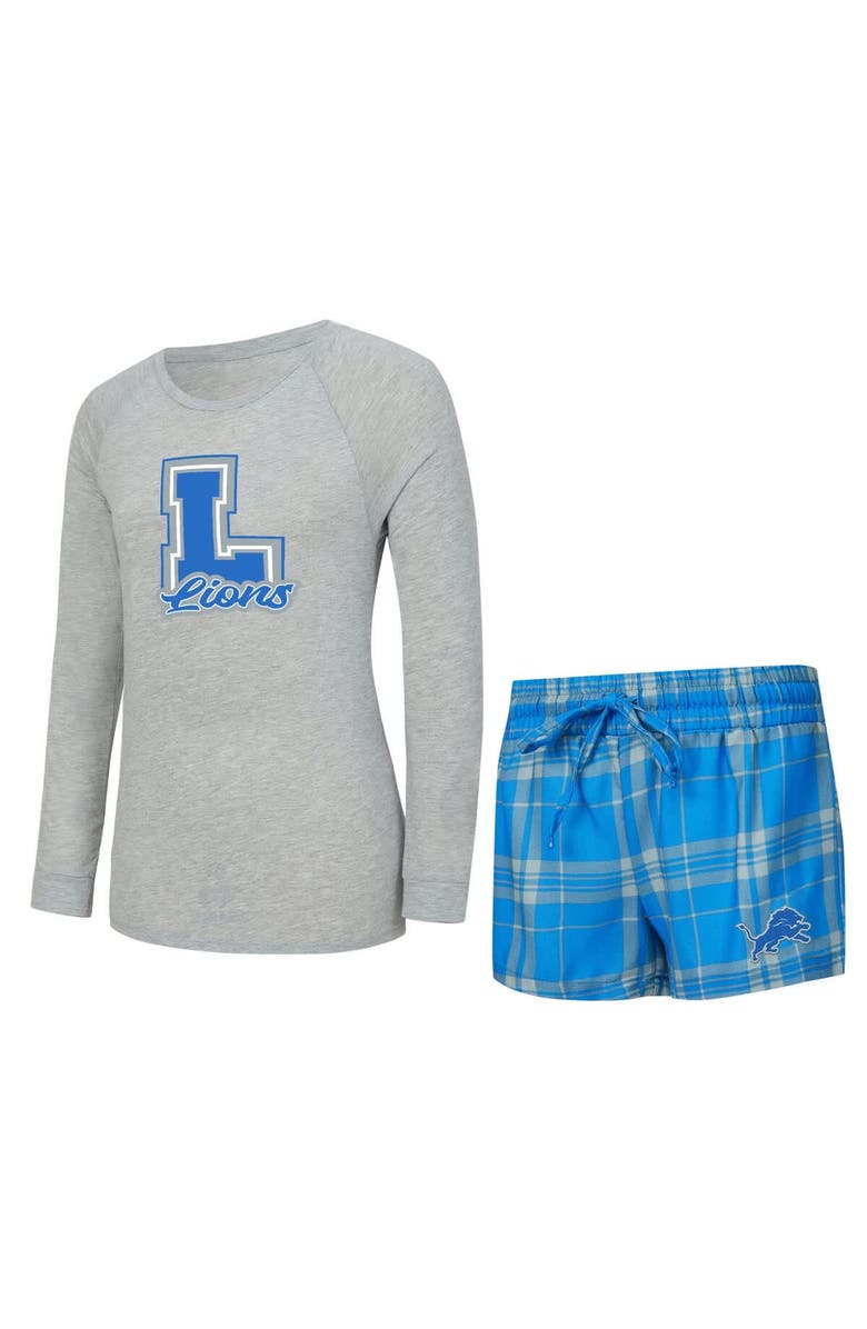 CONCEPTS SPORT Women's Concepts Sport  Heather Gray/Blue Detroit Lions Regulate Plaid Long-Sleeve T-Shirt & Shorts Sleep Set, Alternate, color, Heather Gray