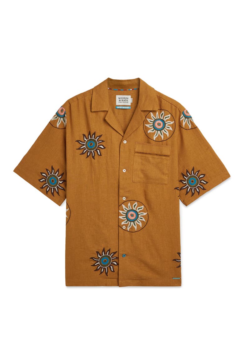 Embroidered Short Sleeve Linen Blend Button-Up Shirt, Alternate, color, CATHAY SPICE