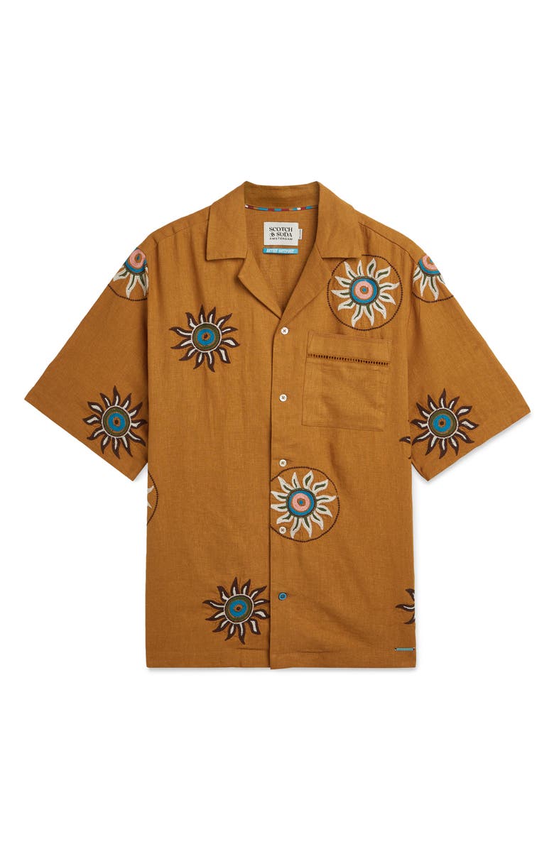 Scotch & Soda Embroidered Short Sleeve Linen Blend Button-Up Shirt, Alternate, color, Cathay Spice