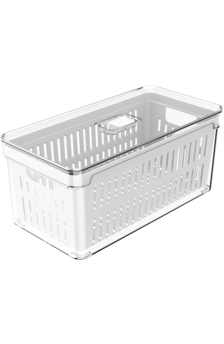 OU Clear Stackable Fridge Organizer Bin with Drain Basket and Vented Lid, 5.3 Quart Capacity, Main, color, 