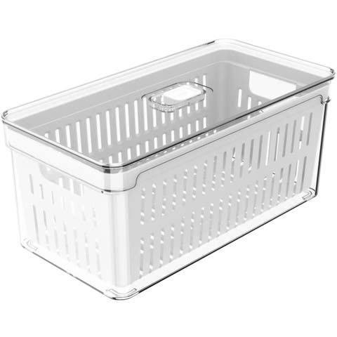 Clear Stackable Fridge Organizer Bin with Drain Basket and Vented Lid, 5.3 Quart Capacity