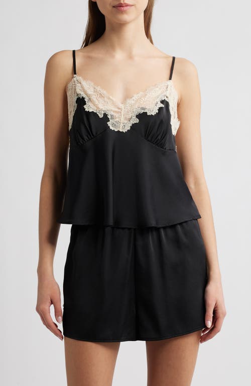 Open Edit Lace Trim Satin Short Pajamas In Black