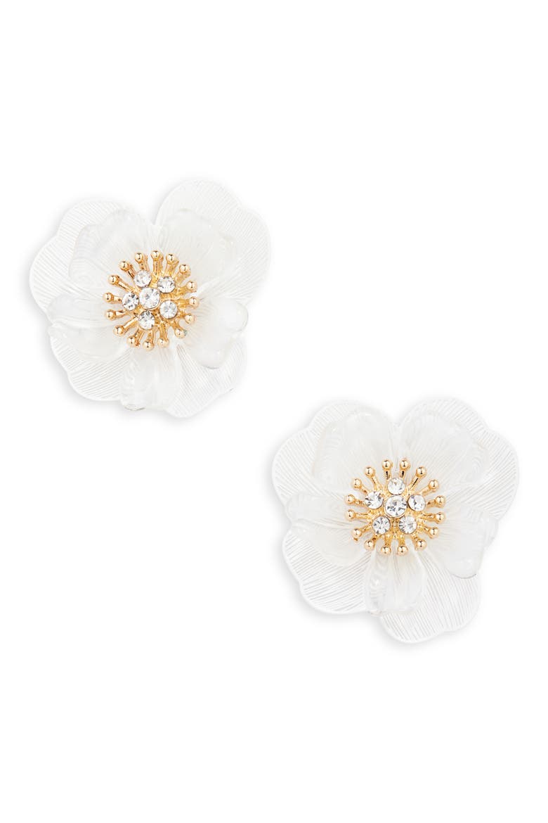 Frosted Flower Stud Earrings, Main, color, WHITE- GOLD