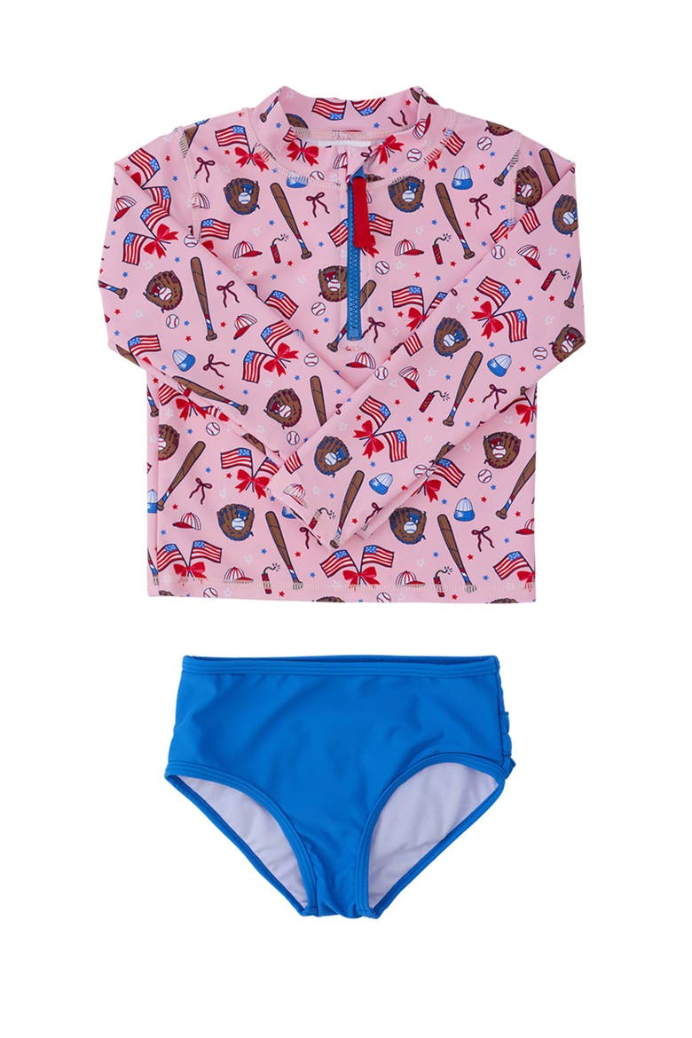 UPF50 Long Sleeve Zipper Rash Guard 2-Piece, Main, color, Pink Stars & Strikes