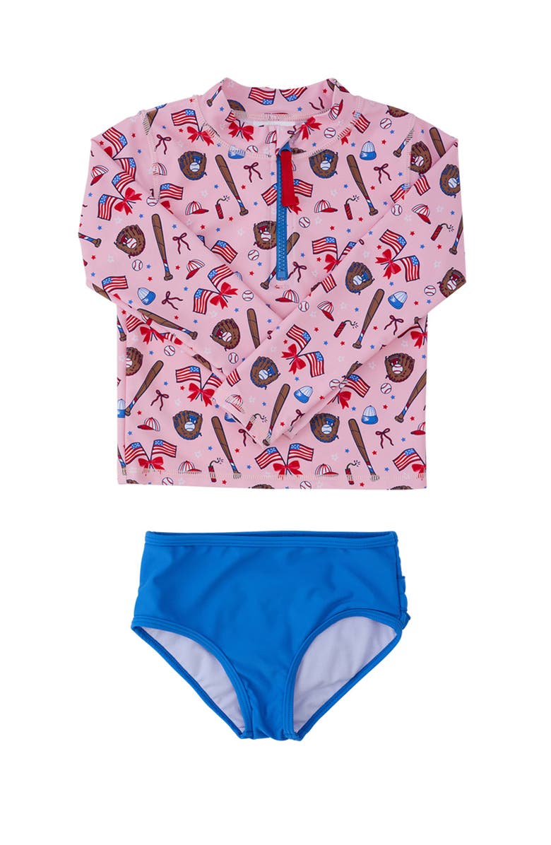 RuffleButts UPF50 Long Sleeve Zipper Rash Guard 2-Piece, Main, color, Pink Stars & Strikes
