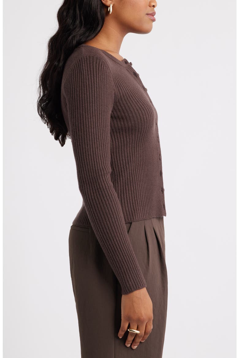 Ribbed Crewneck Cardigan, Alternate, color, BROWN SEAL