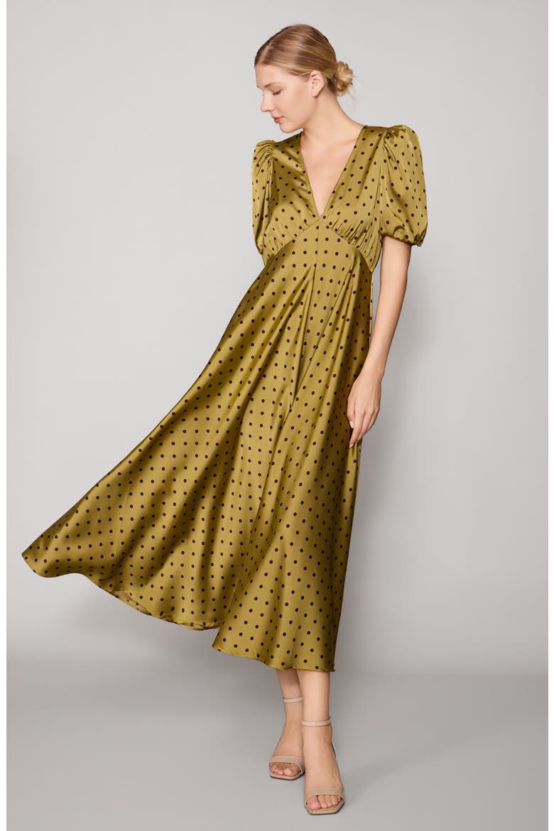 Polka Dot Satin Maxi Dress, Alternate, color, OLIVE/ BROWN