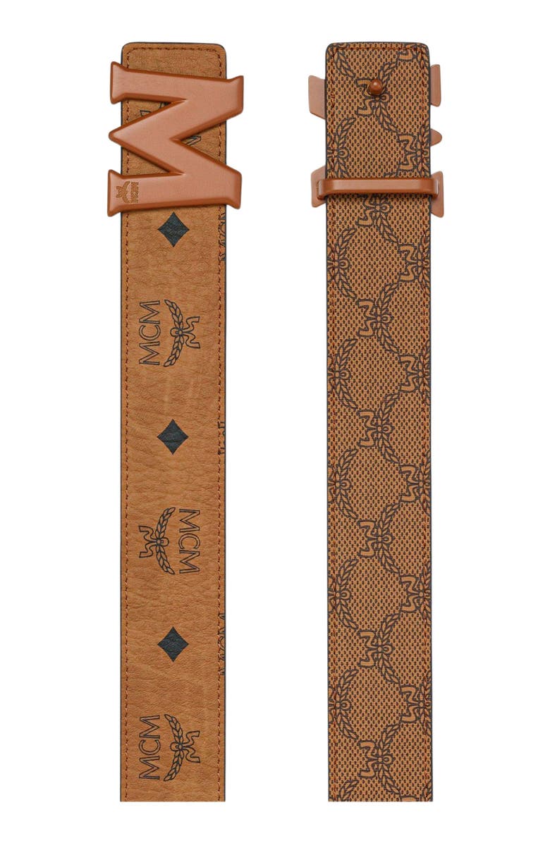 MCM Claus Reversible Monogram Belt, Alternate, color, Cognac