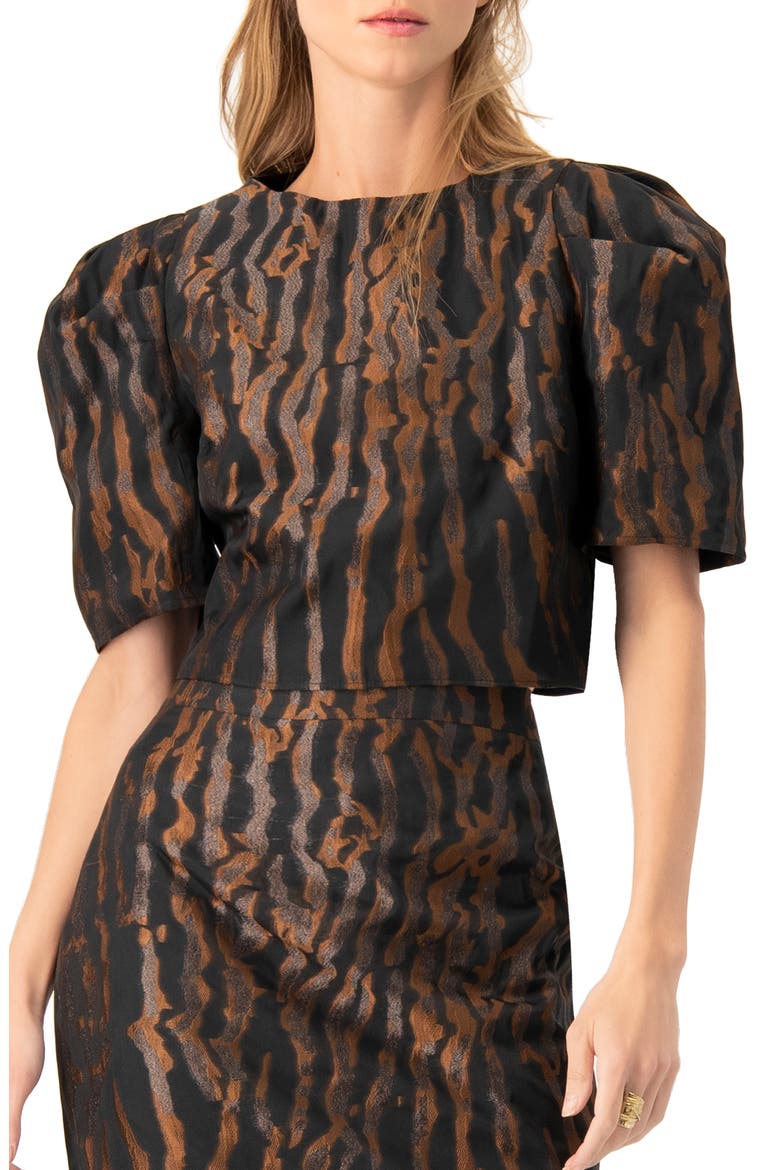 Short Puff Sleeve Jacquard Blouse, Main, color, Black
