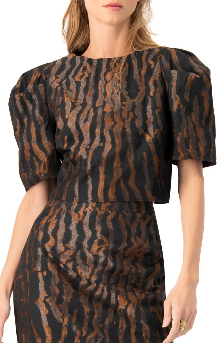 IVONNE Short Puff Sleeve Jacquard Blouse, Main, color, Black