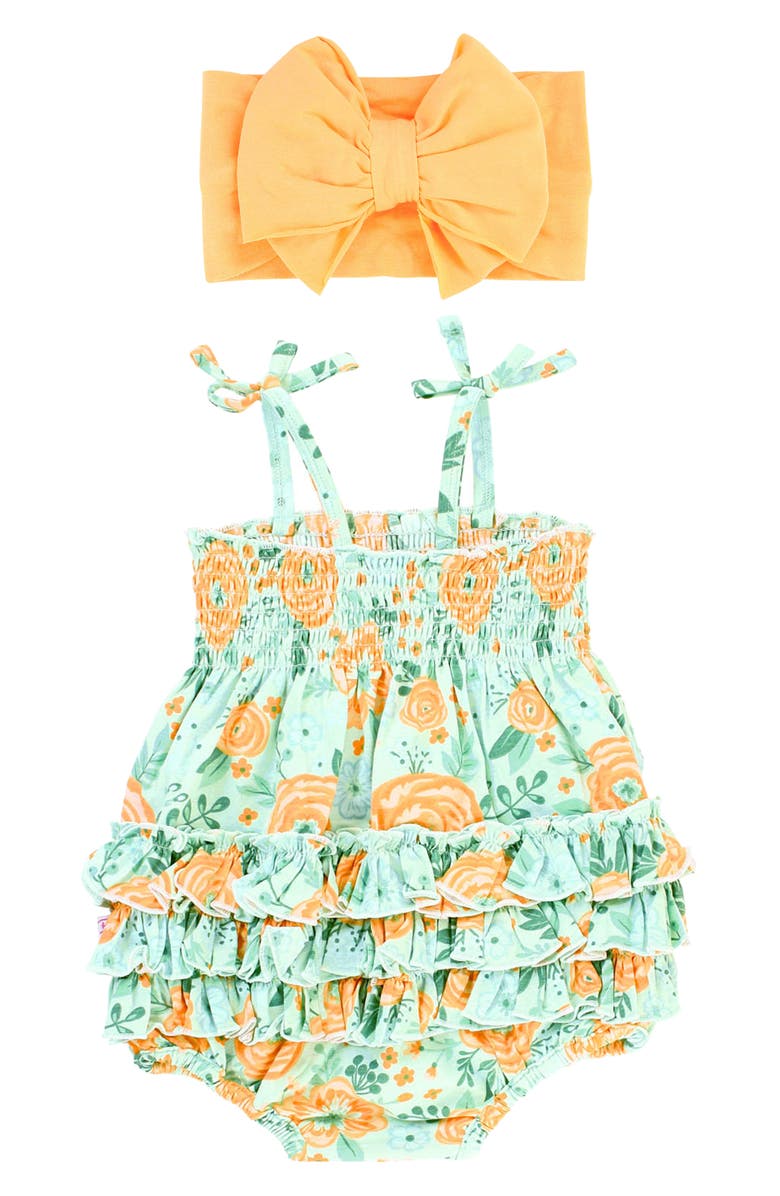 RuffleButts Cottage Flowers Smocked Romper & Headband Set, Alternate, color,