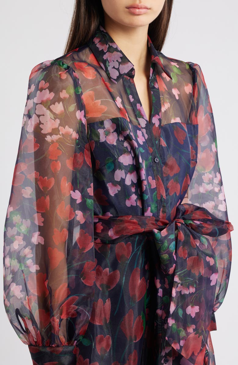 Julia Jordan Floral Long Sleeve Organza Shirtdress Gown, Alternate, color, Navy Multi