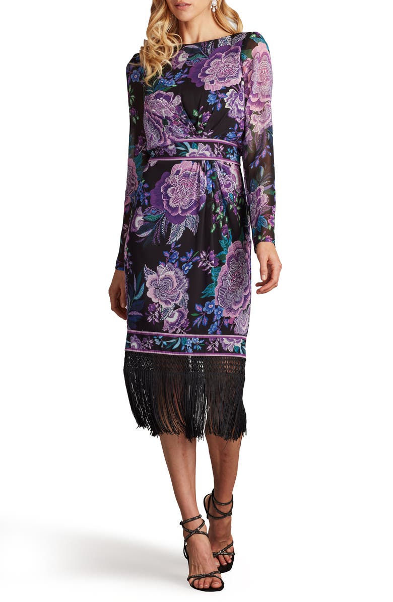 Tadashi Shoji Floral Fringe Detail Long Sleeve Dress, Main, color, Black/ Purple Floral