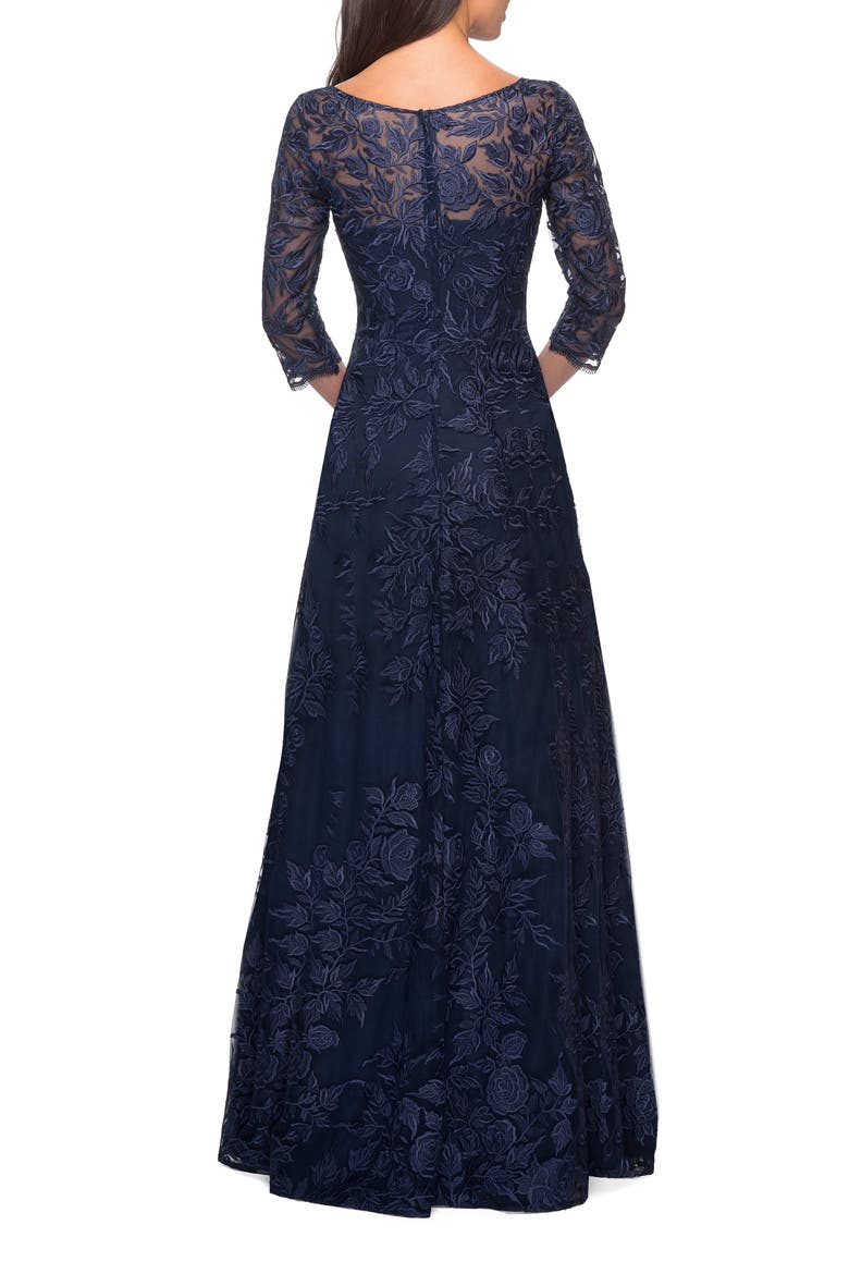 Long Lace A-line Three Quarter Sleeve Gown, Alternate, color, NAVY