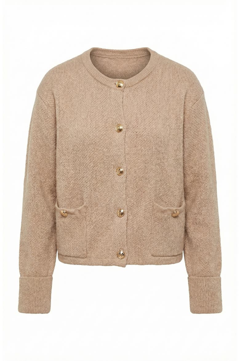 Textured Knit Gold Button-Front Patch-Pocket Cardigan, Alternate, color, Beige