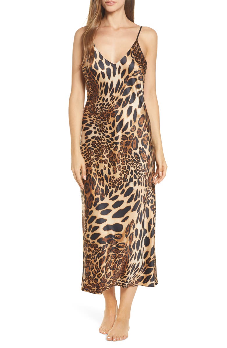 Natori Leopard Print Satin Nightgown, Main, color,