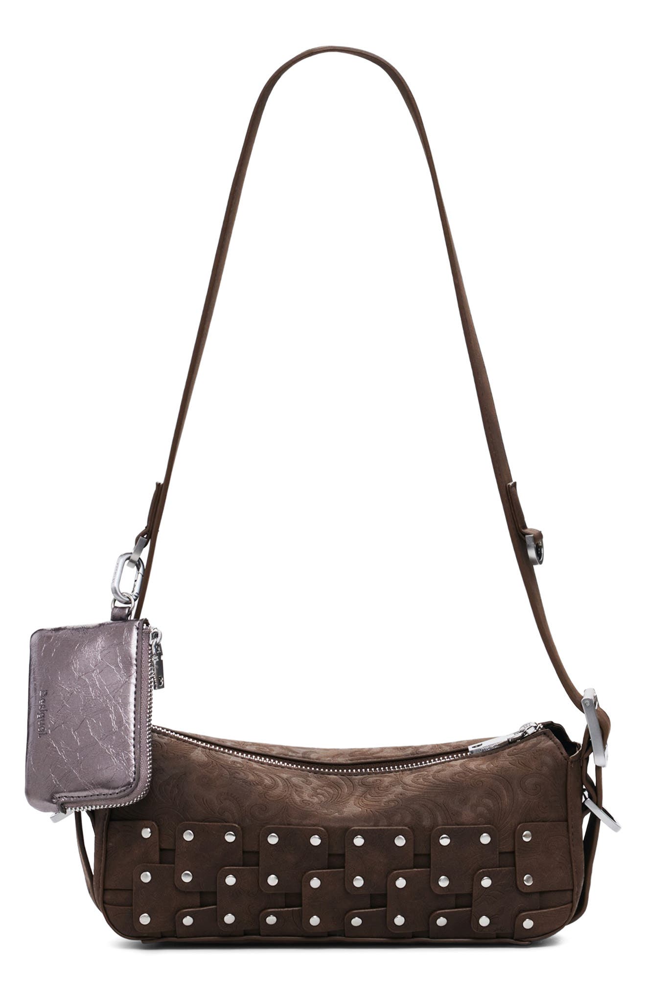 Desigual Studded Patchwork Faux Leather Crossbody Bag, Main, color, Dark Brown