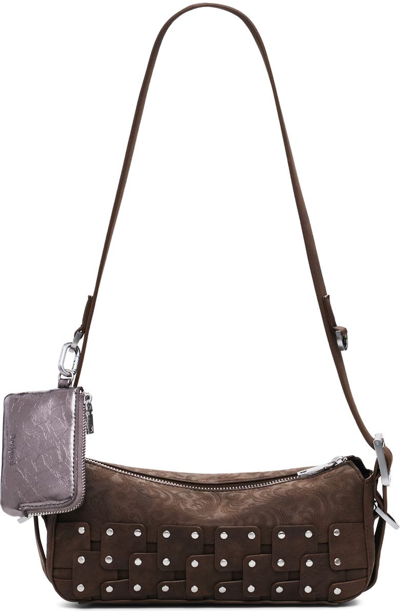 Desigual Studded Patchwork Faux Leather Crossbody Bag, Main, color, Dark Brown