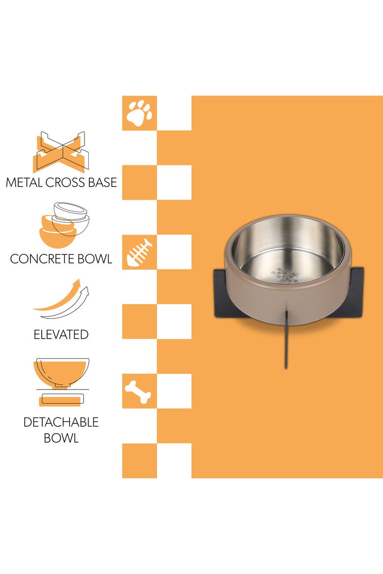 Intersecta Concrete and Stainless Steel Bowl with Metal Stand Pet Feeder, Alternate, color, Brown/Black