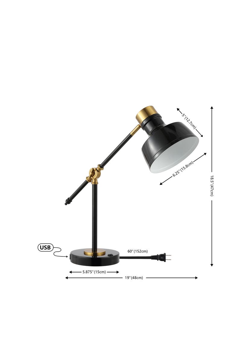 JONATHAN Y Allegra Classic Farmhouse Adjustable Cantilever LED Task Lamp with USB Charging Port, Alternate, color, Black/Brass Gold