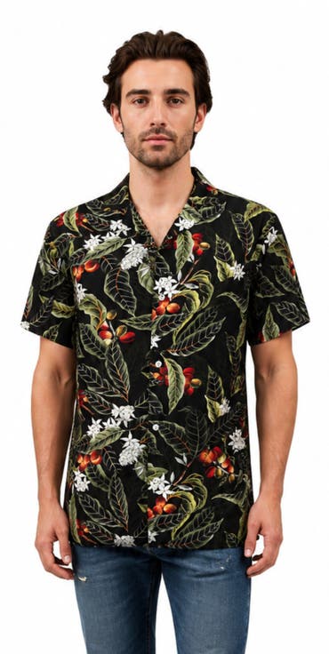 Tropical Print Button-Down Hawaiian Camp Shirt
