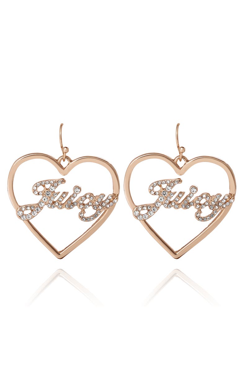 Juicy Couture Crystal Heart Drop Script Logo Earrings, Main, color, Gold