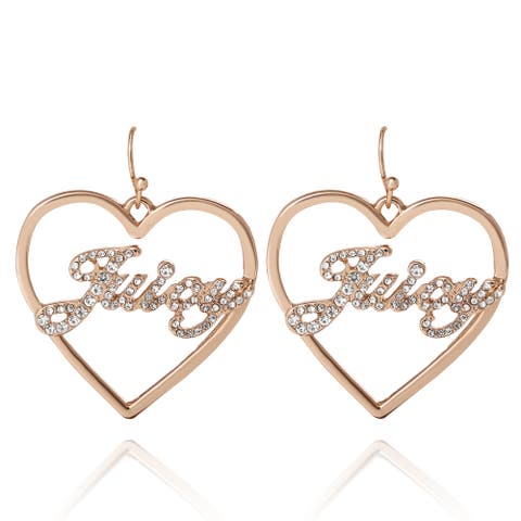 Crystal Heart Drop Script Logo Earrings