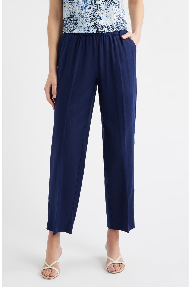 High Waist Pull-On Straight Leg Linen Blend Pants, Main, color, DISTANT MOUNTAIN