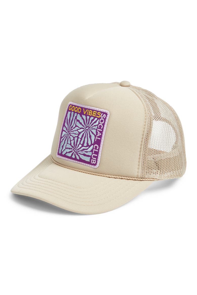 Good Vibes Social Club Trucker Hat, Main, color, TAN