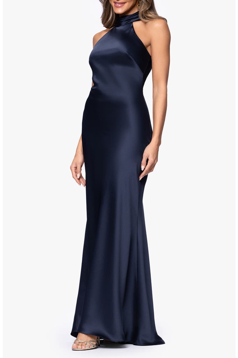 Halter Neck Satin Sheath Gown, Alternate, color, NAVY