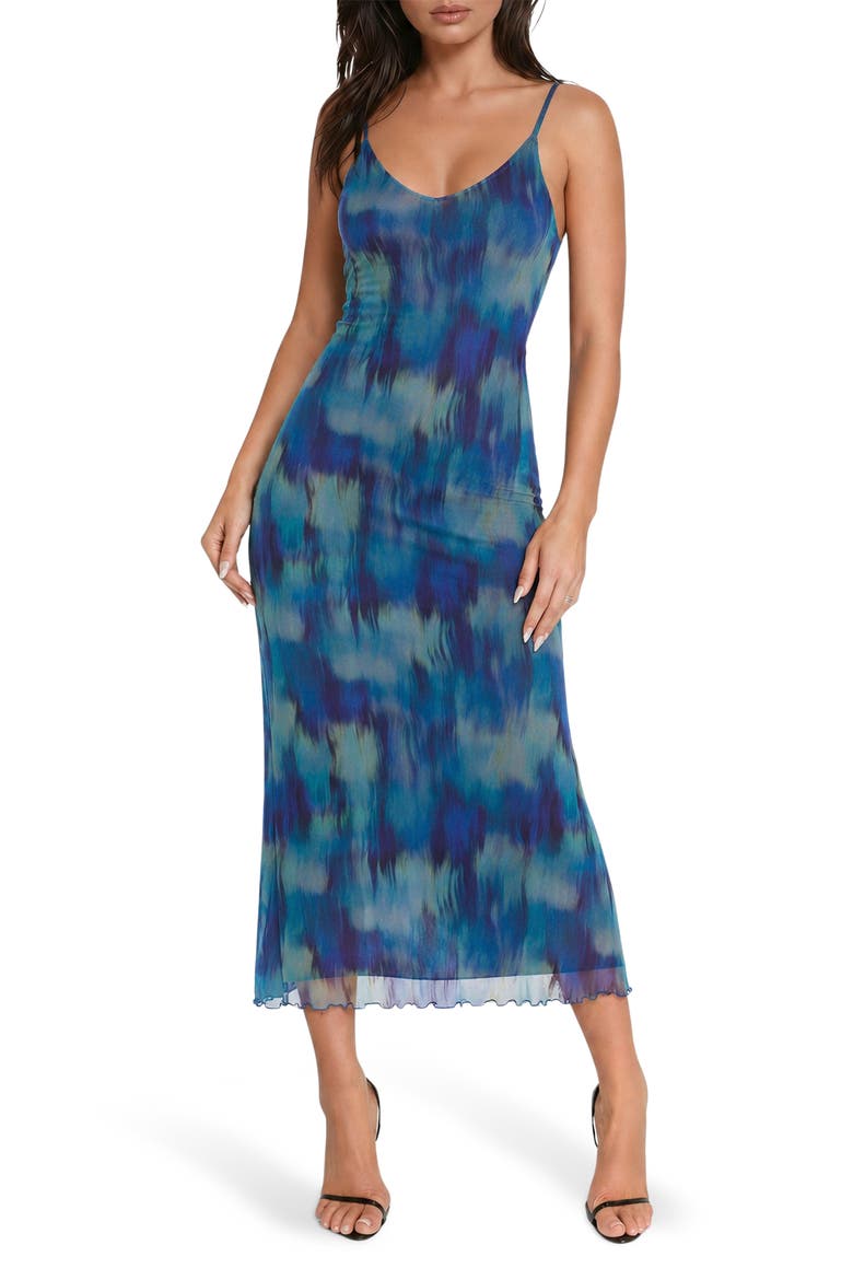 Printed Mesh V-Neck Maxi Dress, Main, color, BLUE MULTI