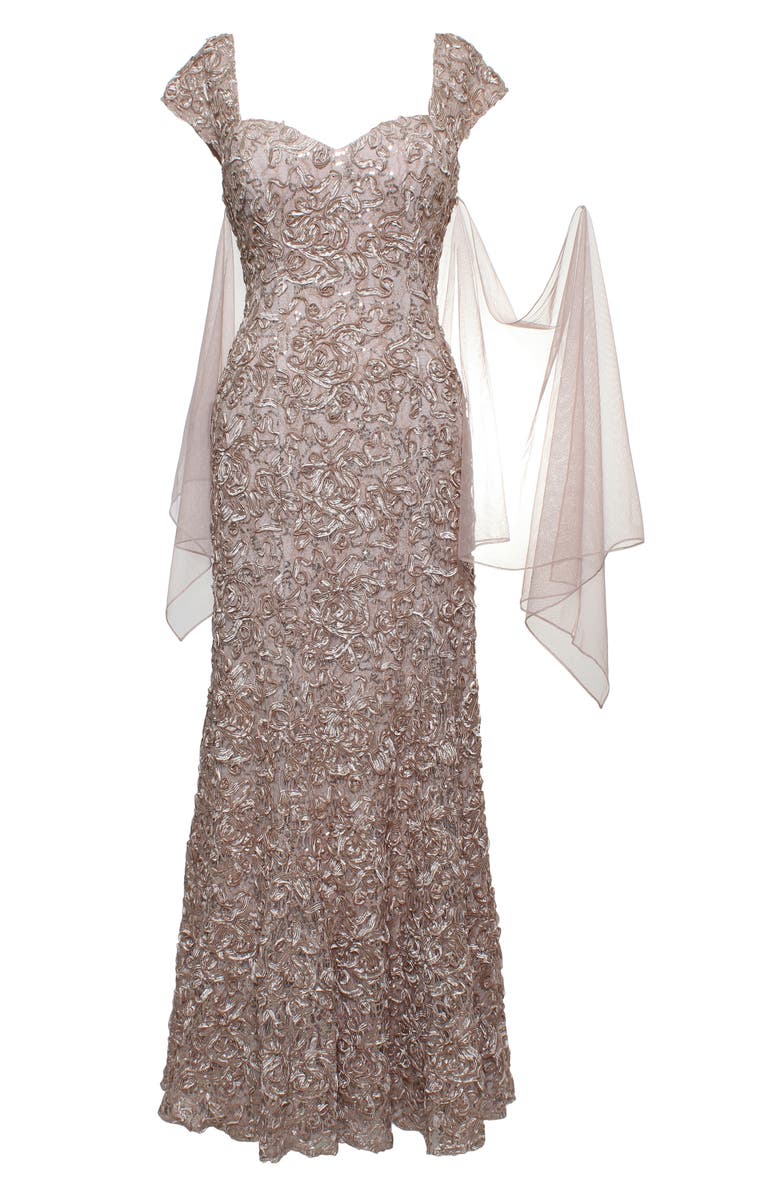 Alex Evenings Soutache Sequin Lace A-Line Gown with Wrap, Alternate, color, Champagne
