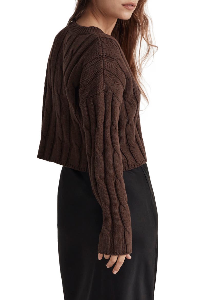 Cable Knit V-Neck Crop Sweater, Alternate, color, DARK COFFEE