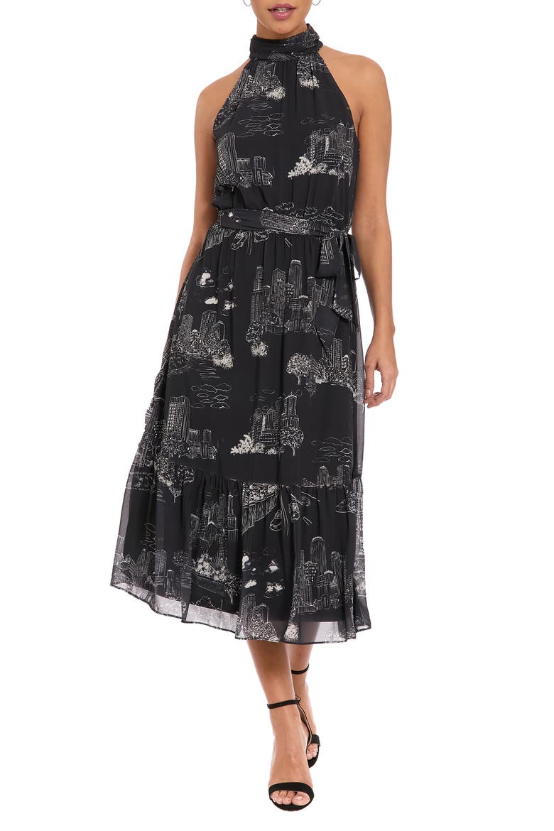 Tie Waist Halter Dress, Main, color, BLACK/ LIGHT CREAM