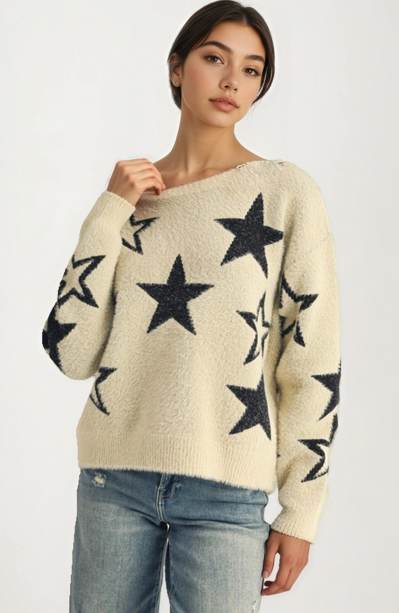 Knit and Lounge Cozy Soft Knit Relaxed Fit Star Pattern Sweater, Main, color, Beige